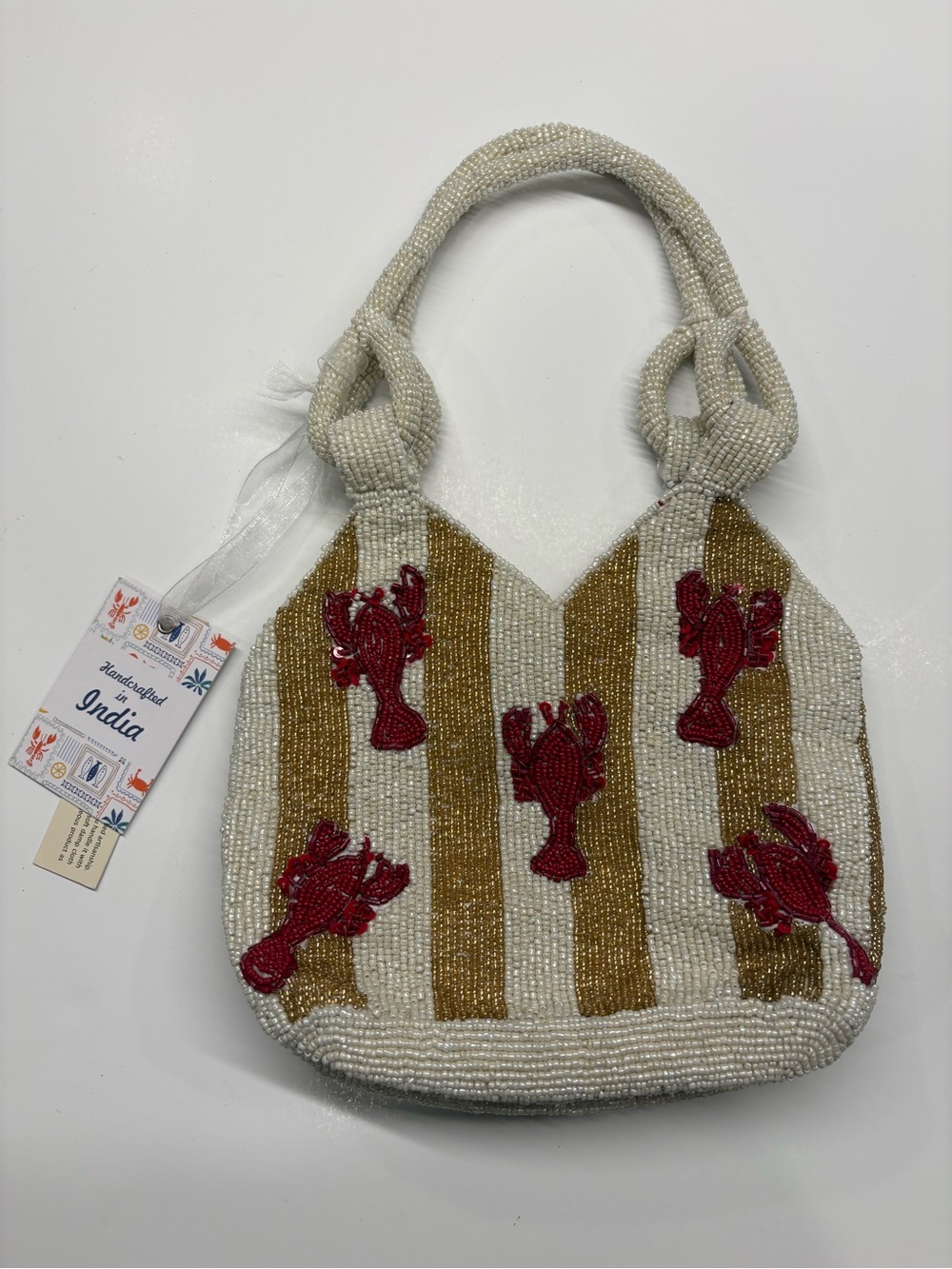 Hand-Beaded Beachy Lobster Stripe Purse in White, Gold & Red Brand New - Picture 2 of 8